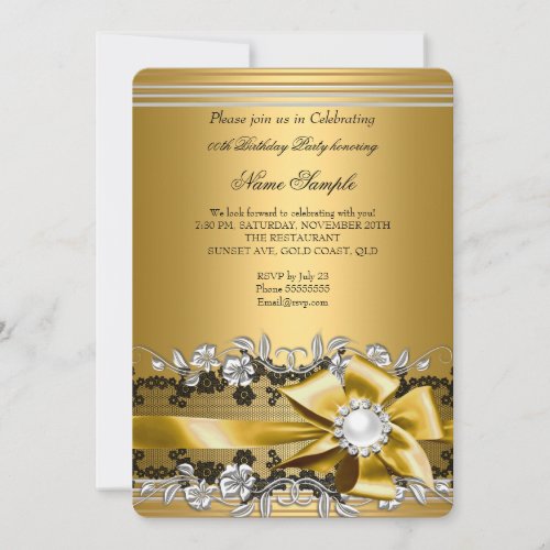 Elegant Gold Silver Pearl Jewel Bow Birthday Party Invitation