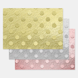 Elegant Gold Silver Pink Metallic Sheen Polka Dot Wrapping Paper Sheets