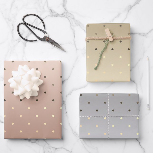 Elegant gold silver & rose gold polka dots  wrapping paper sheets (Front)