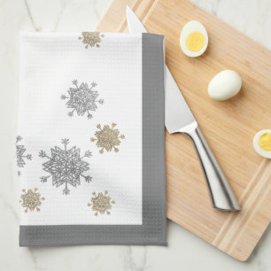 Elegant Gold & Silver Snowflakes Christmas Kitchen Towel