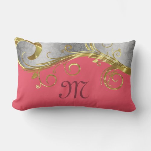 Elegant Gold  Silver Swirls With Coral Background Lumbar Pillow