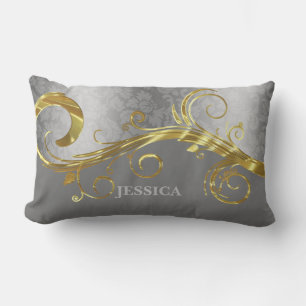 Elegant Gold & Silver Swirls With Gray Background Lumbar Pillow