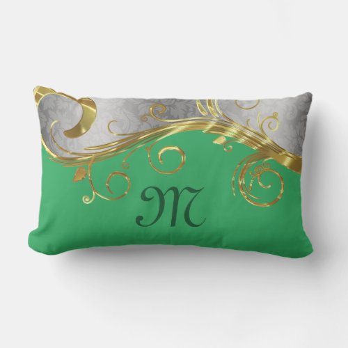 Elegant Gold  Silver Swirls With Green Background Lumbar Pillow