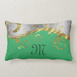Elegant Gold & Silver Swirls With Green Background Lumbar Pillow