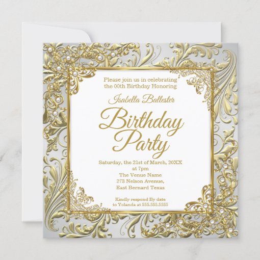 Elegant Gold Silver White Pearl Birthday Party Invitation | Zazzle