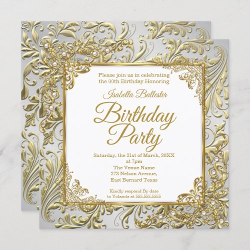 Elegant Gold Silver White Pearl Birthday Party Invitation