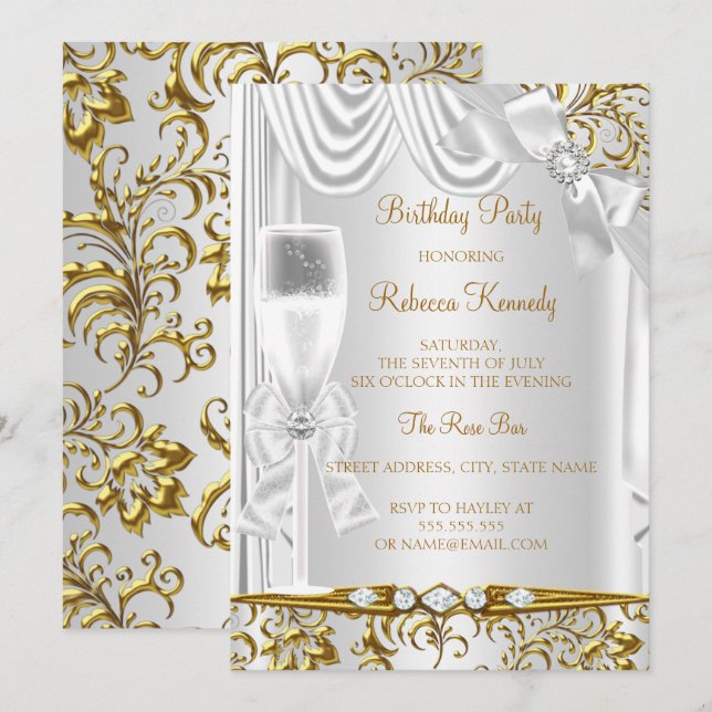 Elegant Gold Silver White Silk Champagne Birthday Invitation (Front/Back)