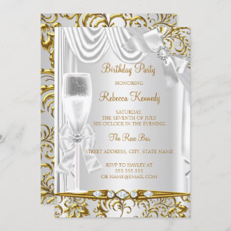 Elegant Gold Silver White Silk Champagne Birthday Invitation