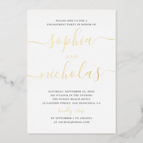 Elegant gold simple modern script engagement party foil invitation