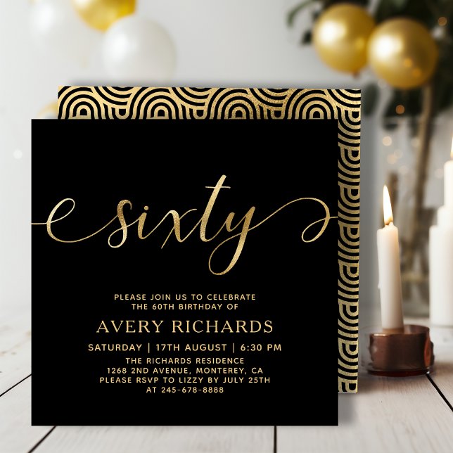Elegant Gold Sixty Script Black 60th Birthday Invitation (Creator Uploaded)