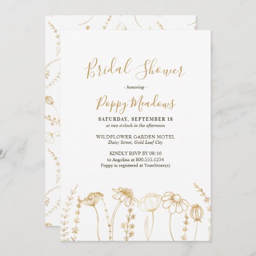 Elegant Gold Sketch Wildflower Bridal Shower Invitation