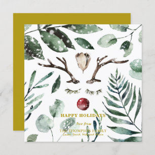 Elegant Gold Snow Overlay Watercolor Greenery Holiday Card
