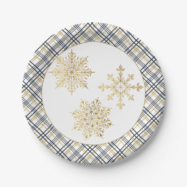 Elegant Gold Snowflake and Plaid Frame Paper Plate (Front)