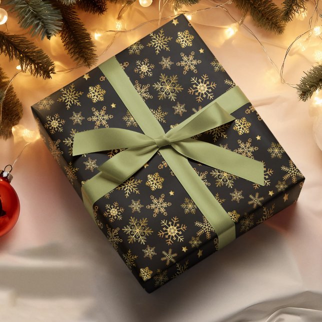 Elegant Gold Snowflake Black Background Xmas Snow Wrapping Paper (Creator Uploaded)