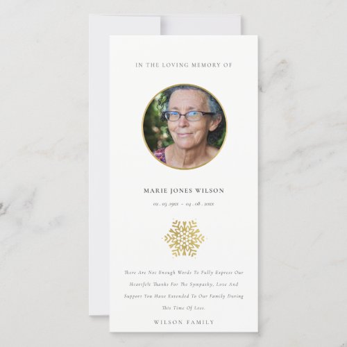 Elegant Gold Snowflake Circle Photo Memorial Thank You Card