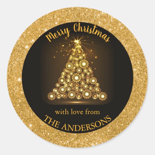 Elegant Gold snowflake glitter Christmas tree chic Classic Round Sticker