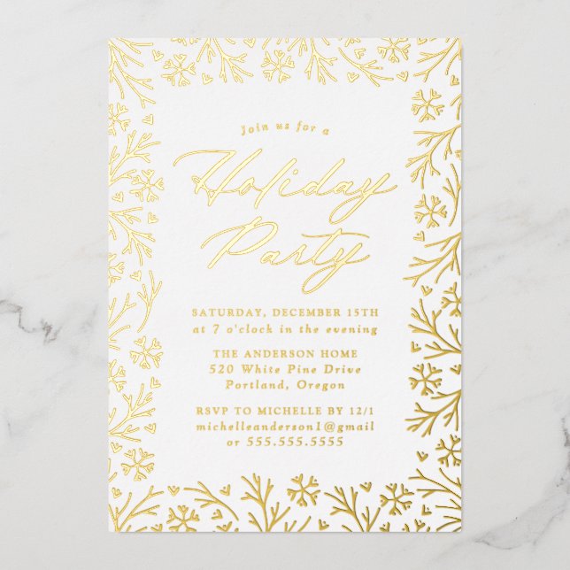 Elegant Gold Snowflake Holiday Party Foil Invitation (Front)