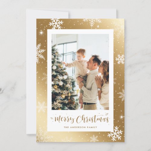 Elegant Gold Snowflake One Photo Christmas Cards