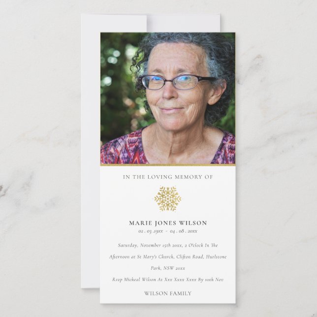 Elegant Gold Snowflake Photo Memorial Service Card (Front)