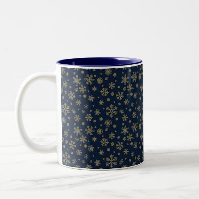 Elegant Gold Snowflake Winter Pattern Two-Tone Coffee Mug (Left)