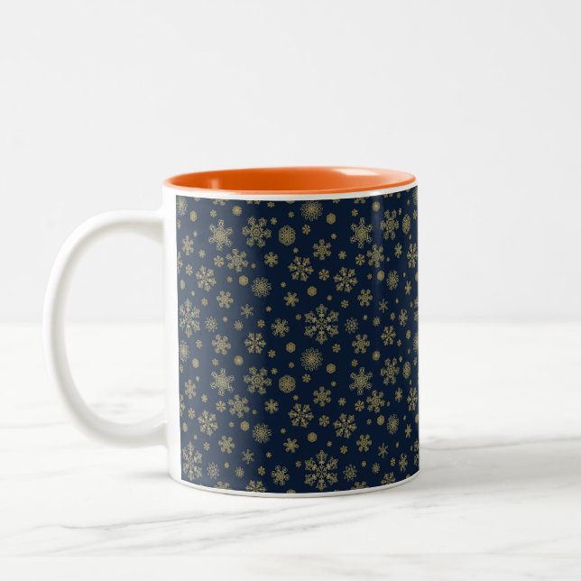 Elegant Gold Snowflake Winter Pattern Two-Tone Coffee Mug (Left)