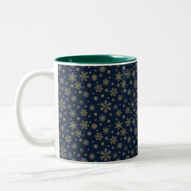 Elegant Gold Snowflake Winter Pattern Two-Tone Coffee Mug (Left)