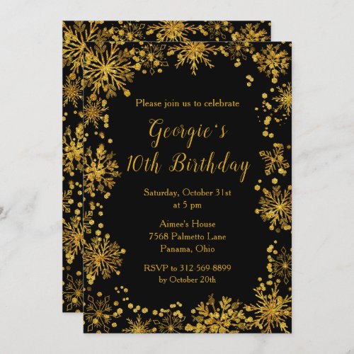 Elegant Gold Snowflakes Birthday Invitation