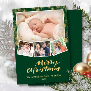 Elegant Gold Snowflakes Chic Script Modern Green Holiday Card