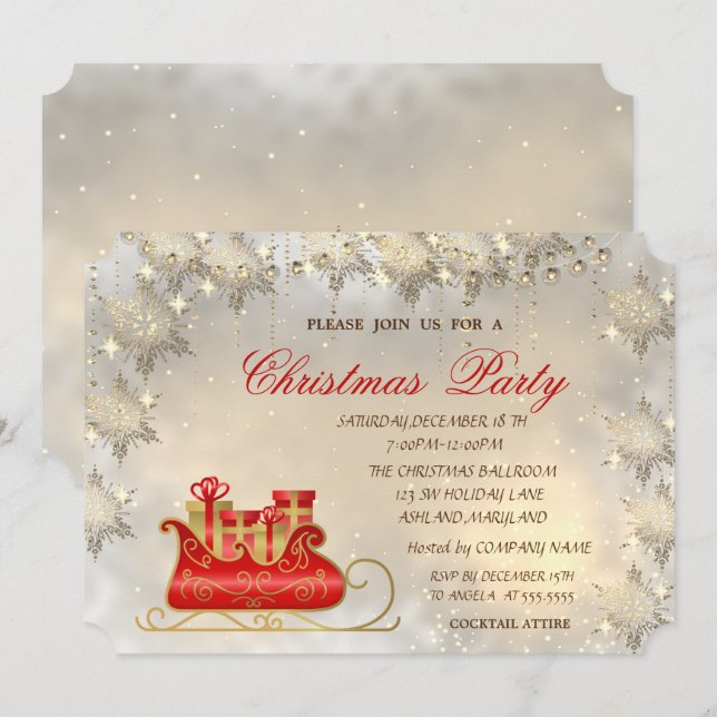 Elegant Gold Snowflakes,Christmas Sleigh Party Invitation (Front/Back)