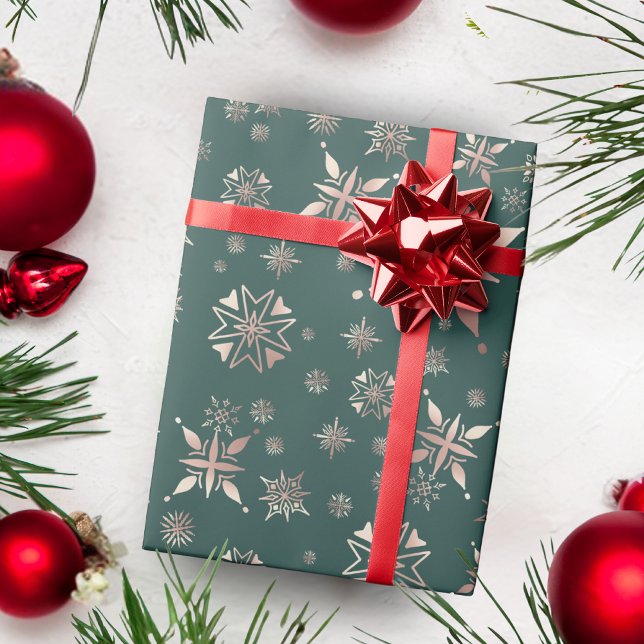 Elegant Gold Snowflakes Green Holiday Wrapping Paper (Creator Uploaded)