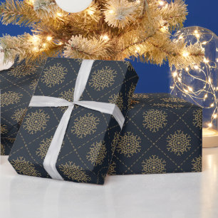 Elegant Gold Snowflakes On Blue Christmas Wrapping Paper