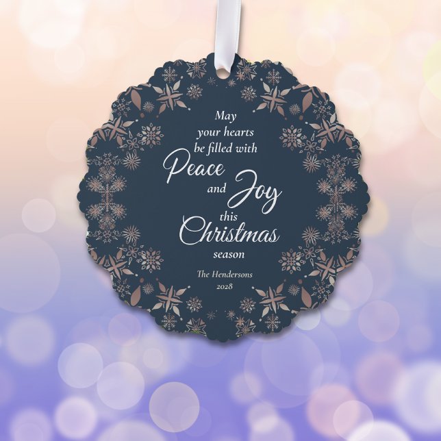 Elegant Gold Snowflakes Peace Joy Blue Ornament Card (Creator Uploaded)