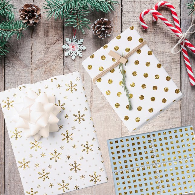 Elegant Gold Snowflakes, Polka dots and Squares Wrapping Paper Sheets (Creator Uploaded)