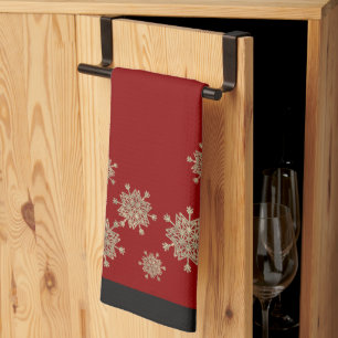 Elegant Gold Snowflakes Red & Black Christmas Kitchen Towel