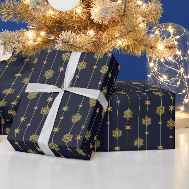 Elegant Gold Snowflakes Stars On Blue Christmas Wrapping Paper (Holidays)