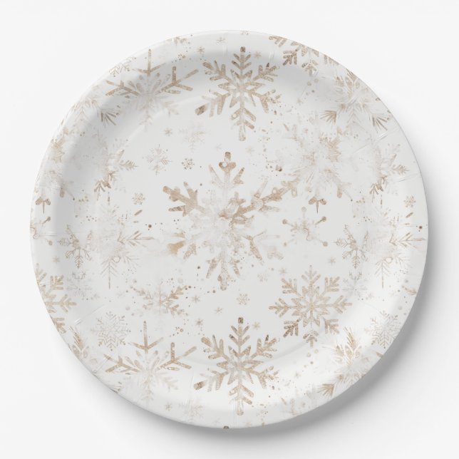 Elegant Gold Snowflakes Winter Themed Christmas Paper Plates (Front)