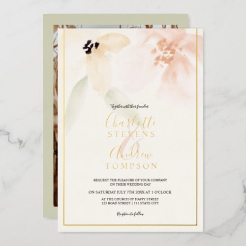 Elegant gold soft floral watercolor wedding photo foil invitation