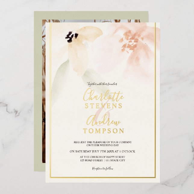Elegant gold soft floral watercolor wedding photo foil invitation (Front/Back)