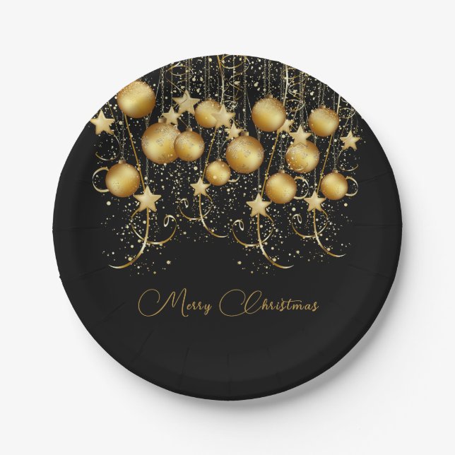 Elegant Gold Sparkle Christmas Party Bauble Paper Plates (Front)