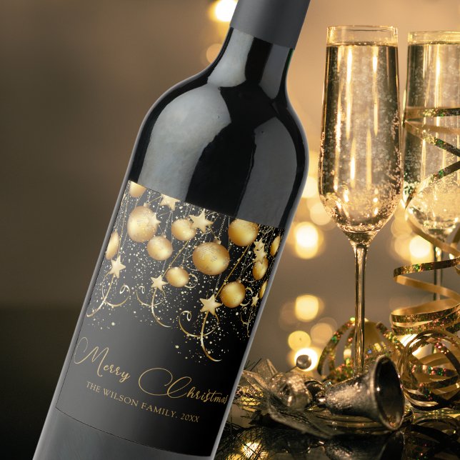 Elegant Gold Sparkle Christmas Party Bauble Wine Label (Creator Uploaded)