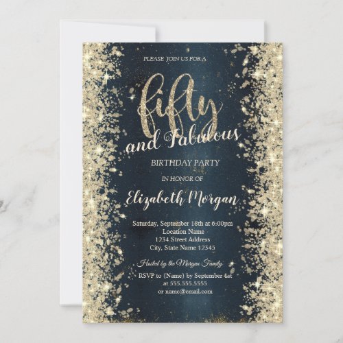 Elegant Gold Sparkle Dark Blue 50th Birthday  Invitation