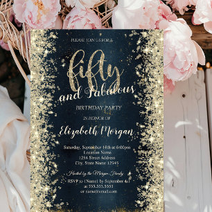 Elegant Gold Sparkle Dark Blue 50th Birthday  Invitation