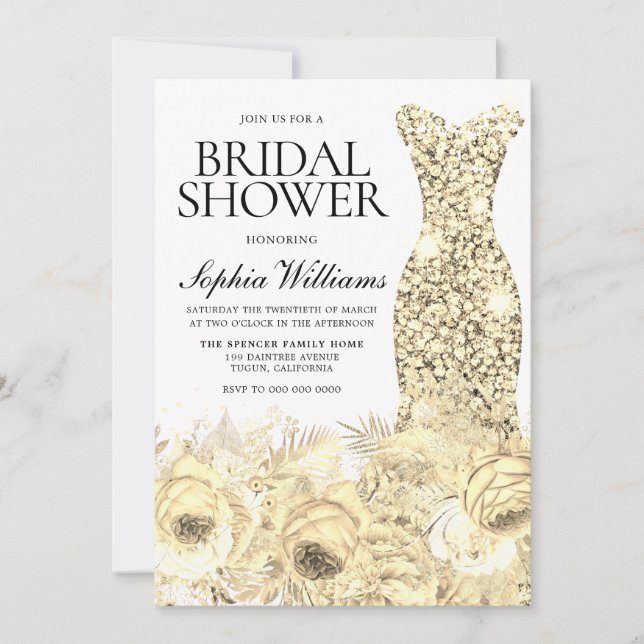 Elegant Gold Sparkle Dress & Floral Bridal Shower Invitation (Front)