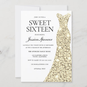 Elegant Gold Sparkle Dress Sweet 16 Invite