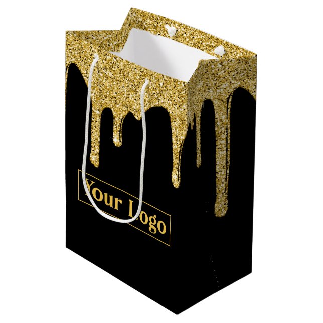 Elegant Gold Sparkle Glitter Drips Business Logo Medium Gift Bag (Front Angled)