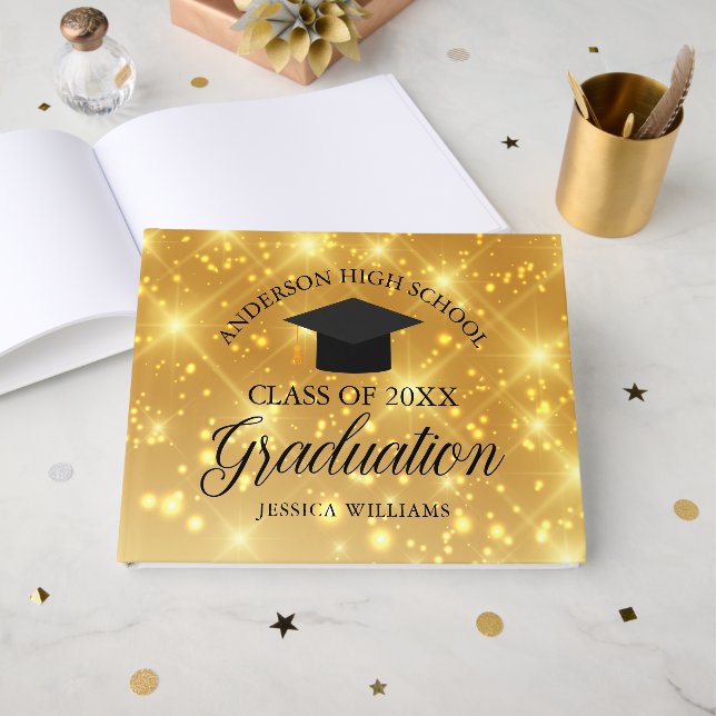 Elegant Gold Sparkle Graduation Custom School Guest Book (Front Open)