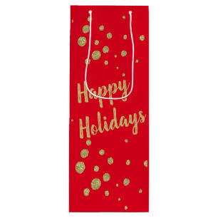 Elegant Gold Sparkle Happy Holidays Red  Wine Gift Bag