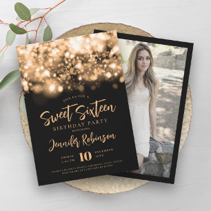 Elegant Gold Sparkle Lights Photo Sweet 16 Invitation