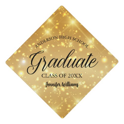 Elegant Gold Sparkle Personalized School Glam 2024 Graduation Cap Topper