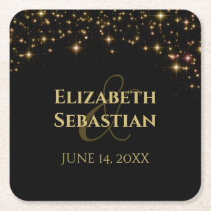 Elegant Gold Sparkle Stars on Black Simple Wedding Square Paper Coaster